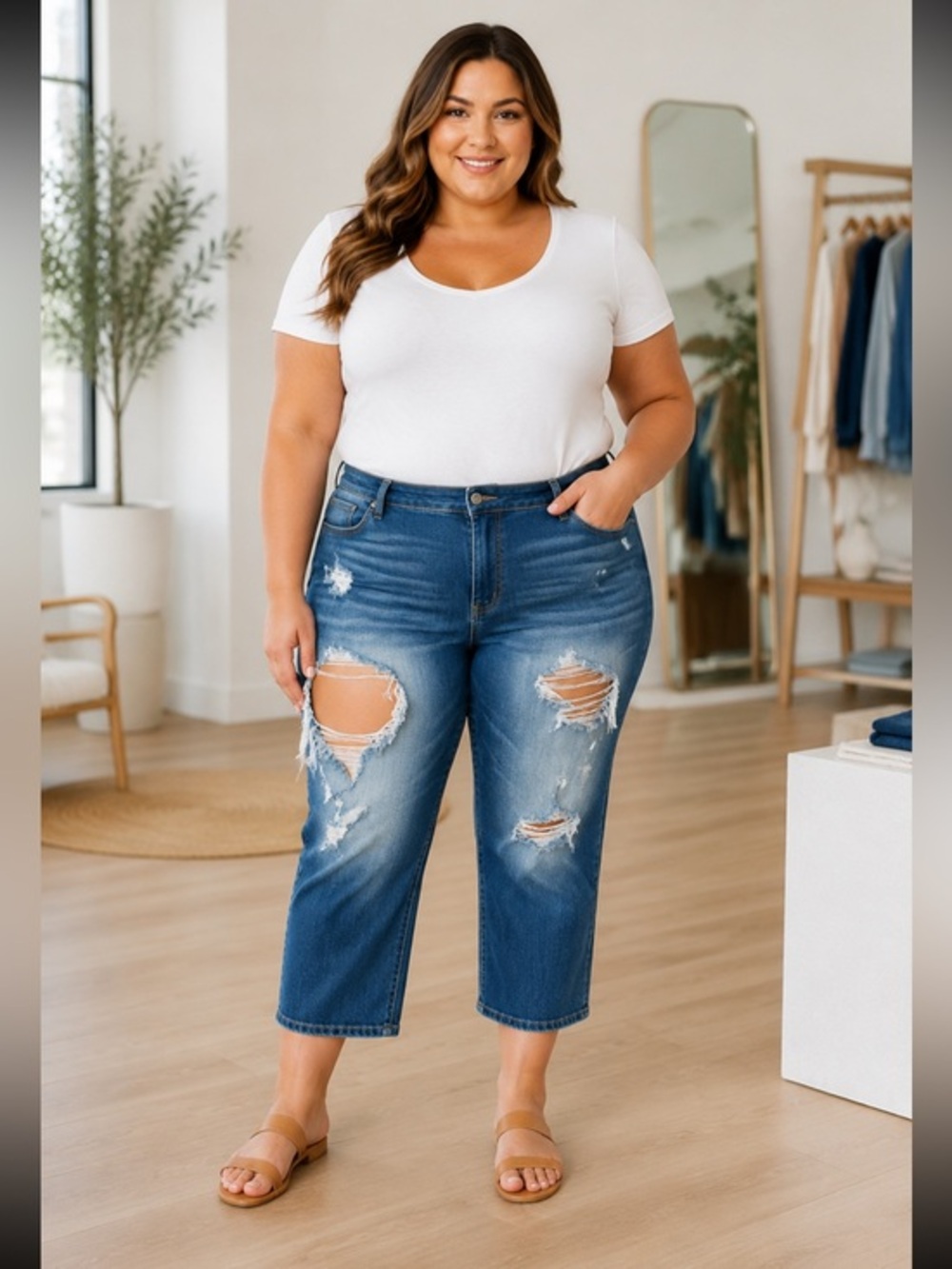 Cello Jeans Plus Size 22 Cropped Wide Leg Distressed Ripped Stretch Denim